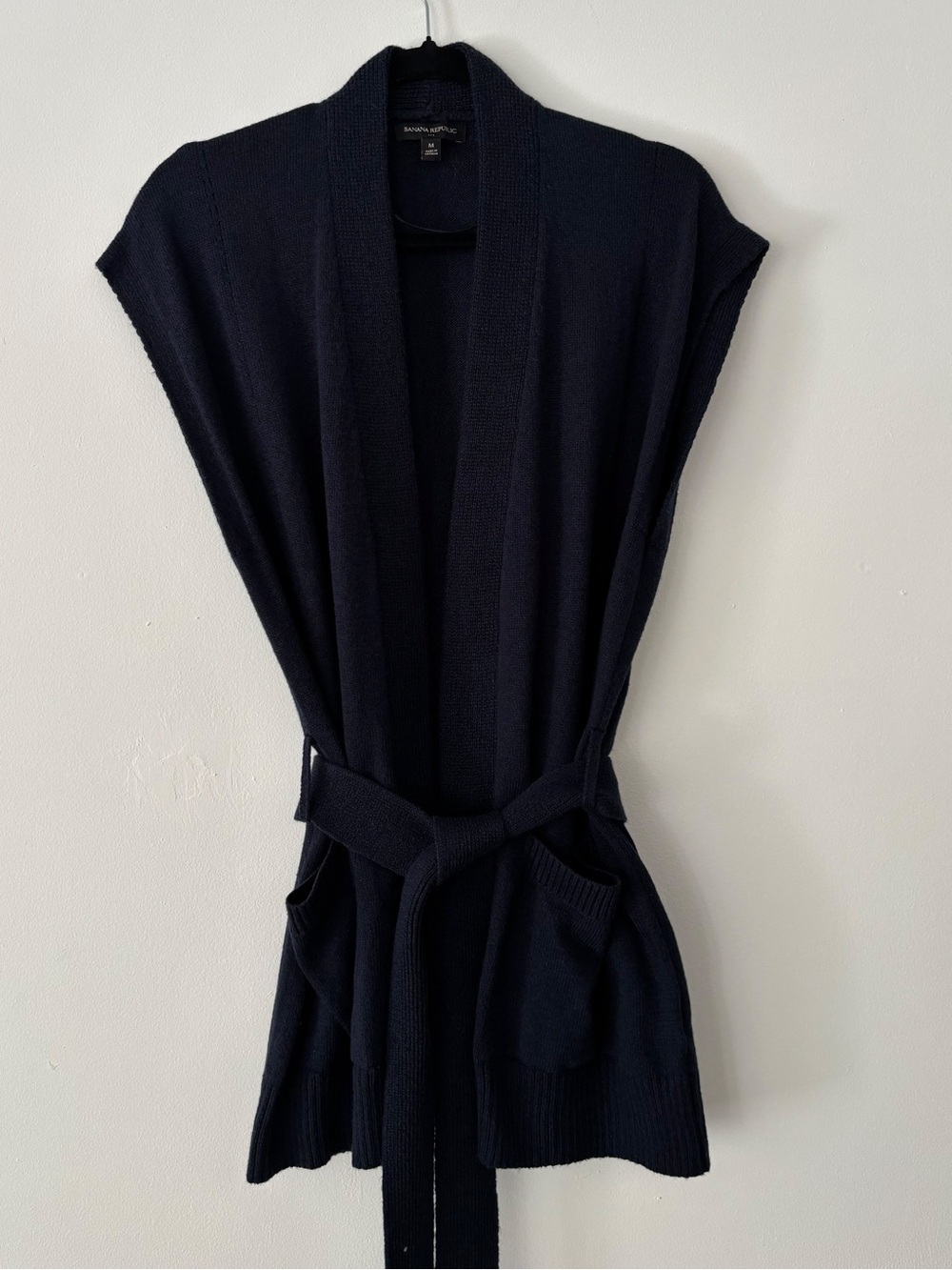 Banana Republic Womens M Navy Belted Sleeveless Open Front Cardigan Vest Wrap